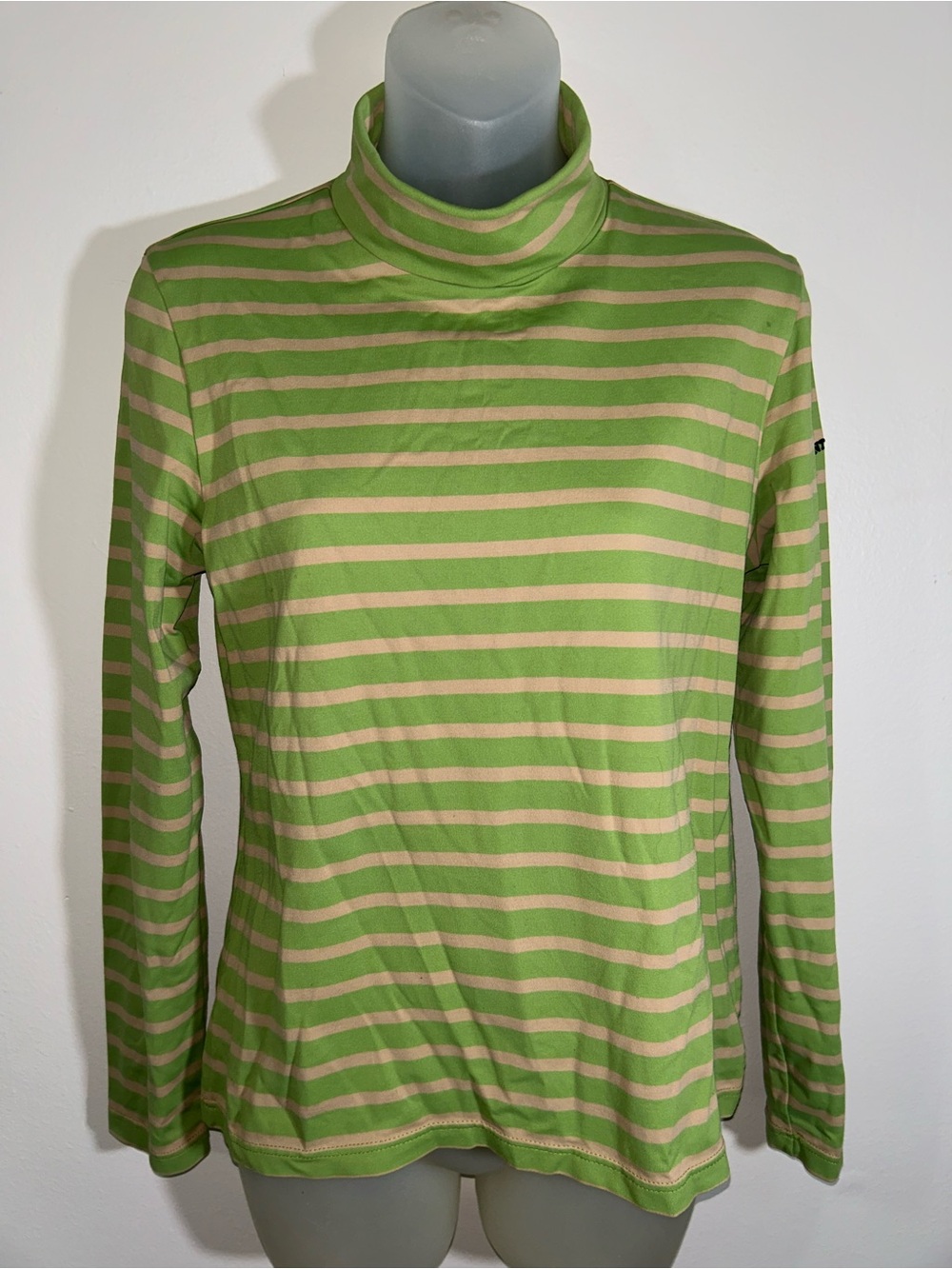 Saint James France Womens Striped Turtleneck Top Long Sleeve Green Beige 8